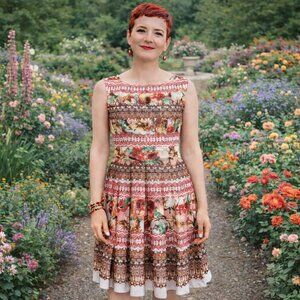 Size 10 sleeveless GABBY SKYE floral, dress w/ flowy flare bottom & high neck